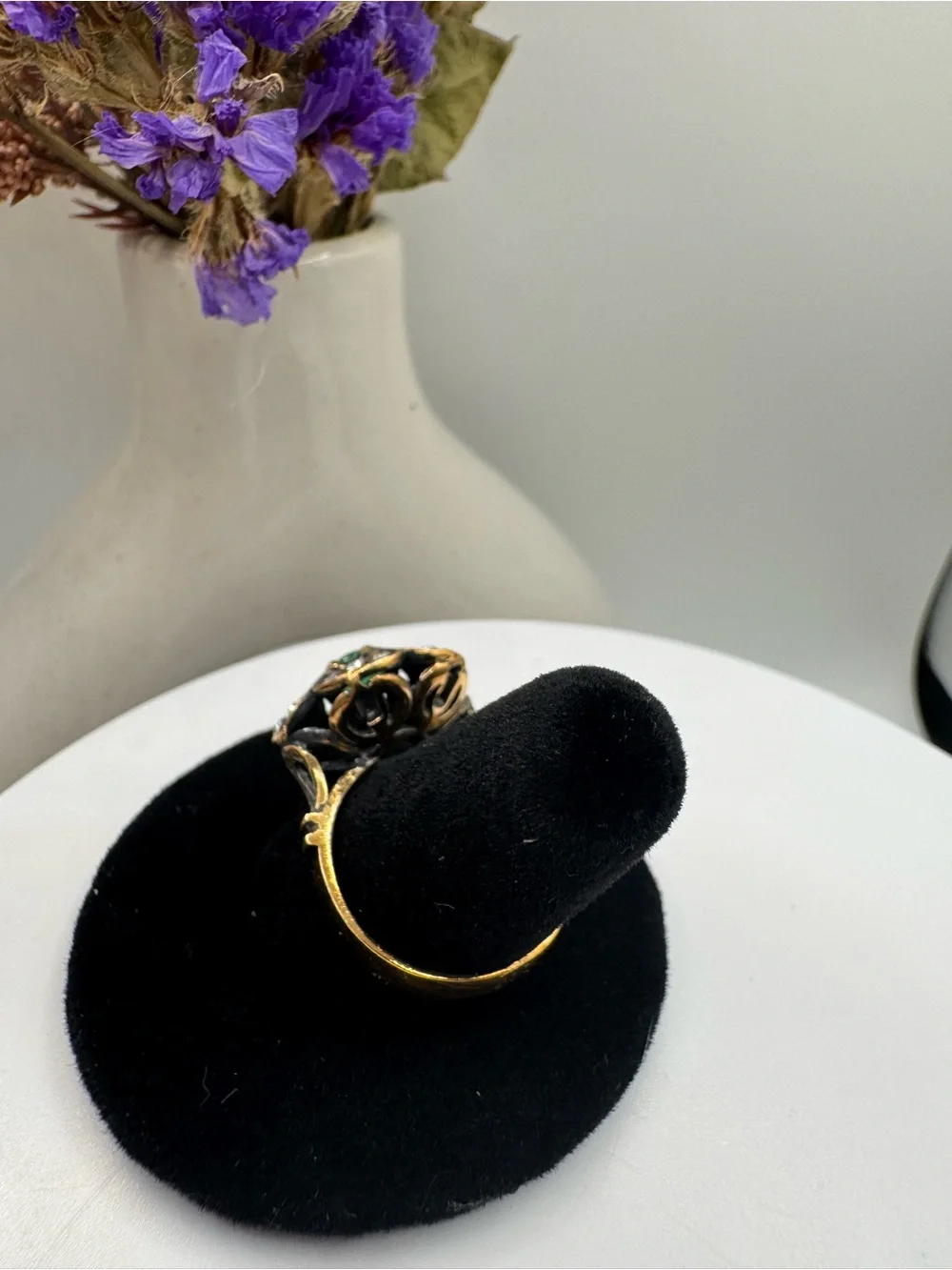 Vintage Floral Cocktail Ring with Green Cabochon & Crystal Accents (Size 8)